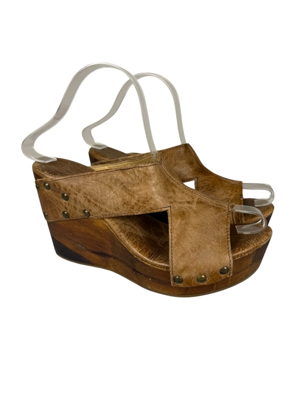 Bed Stu Olea Tan Leather Wood Wedge Clog Sandals Sz 8